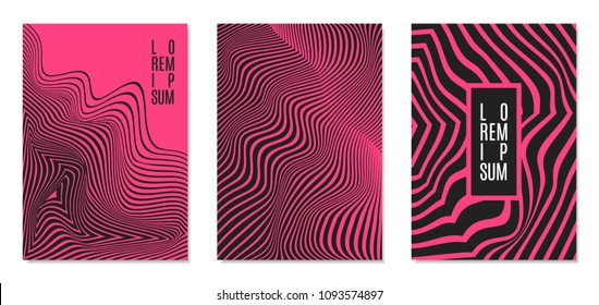 Cover Design Templates Set with Effect of Optical Illusion in Pink and Black Colors. Abstract Backgrounds with Distortion of Geometric Shapes. Trendy Covers with Text and Gradient for Magazine, Book.