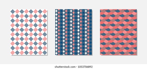 Cover Design Templates Set in Shades of Blue and Red. Geometric Patterns with Rectangles. Minimal Geometric Templates in Modern Style. Covers for Magazine, Presentation, Book, Card. Abstract Wallpaper