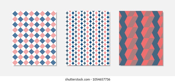 Cover Design Templates Set in Shades of Blue and Red. Geometric Patterns with Rectangles. Minimal Geometric Templates in Modern Style. Covers for Magazine, Presentation, Book, Card. Abstract Wallpaper