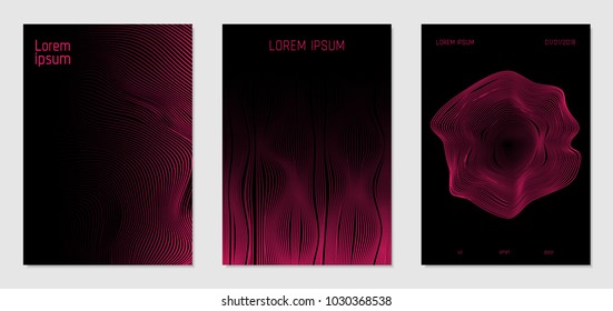 Cover Design Templates Set with Wavy Lines in Modern Style. Gradient Texture with Curves Stripes and Text. Trendy Covers for Brochure, Magazine, Presentation, Musical Posters. Abstract Backgrounds.