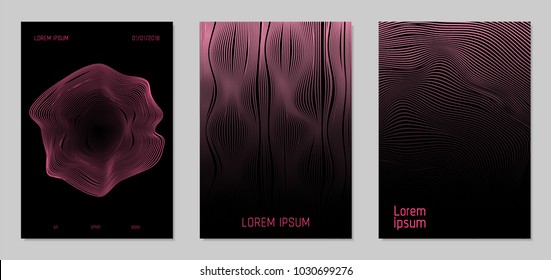 Cover Design Templates Set with Wavy Lines in Modern Style. Gradient Texture with Curves Stripes and Text. Trendy Covers for Brochure, Magazine, Presentation, Musical Posters. Abstract Backgrounds.