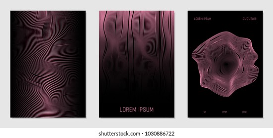 Cover Design Templates Set with Wavy Lines in Modern Style. Gradient Texture with Curves Stripes and Text. Trendy Covers for Brochure, Magazine, Presentation, Musical Posters. Abstract Backgrounds.