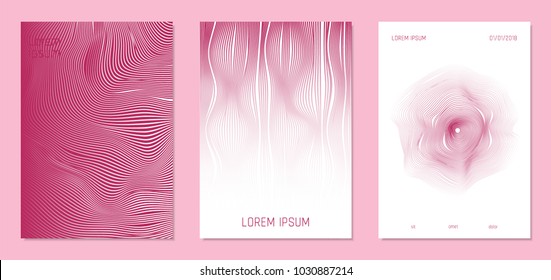 Cover Design Templates Set with Wavy Lines in Modern Style. Gradient Texture with Curves Stripes and Text. Trendy Covers for Brochure, Magazine, Presentation, Musical Posters. Abstract Backgrounds.