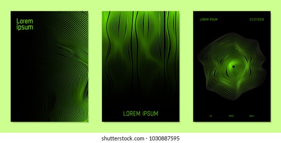 Cover Design Templates Set with Wavy Lines in Modern Style. Gradient Texture with Curves Stripes and Text. Trendy Covers for Brochure, Magazine, Presentation, Musical Posters. Abstract Backgrounds.