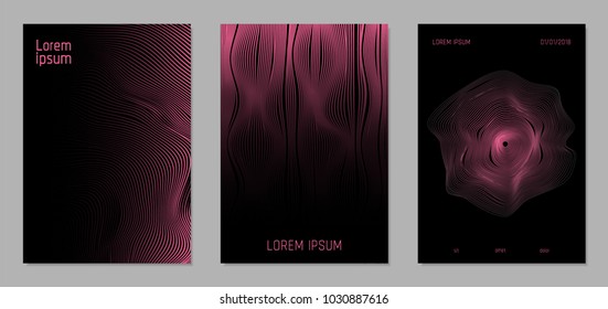 Cover Design Templates Set with Wavy Lines in Modern Style. Gradient Texture with Curves Stripes and Text. Trendy Covers for Brochure, Magazine, Presentation, Musical Posters. Abstract Backgrounds.