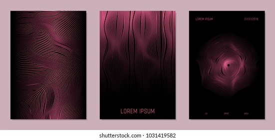 Cover Design Templates Set with Wavy Lines in Modern Style. Gradient Texture with Curves Stripes and Text. Trendy Covers for Brochure, Magazine, Presentation, Musical Posters. Abstract Backgrounds.