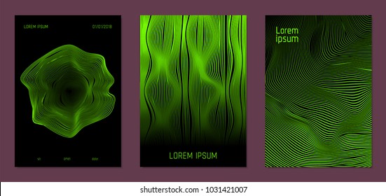 Cover Design Templates Set with Wavy Lines in Modern Style. Gradient Texture with Curves Stripes and Text. Trendy Covers for Brochure, Magazine, Presentation, Musical Posters. Abstract Backgrounds.