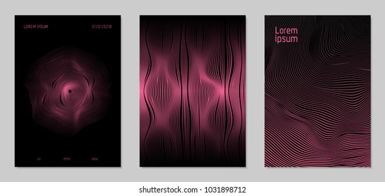 Cover Design Templates Set with Wavy Lines in Modern Style. Gradient Texture with Curves Stripes and Text. Trendy Covers for Brochure, Magazine, Presentation, Musical Posters. Abstract Backgrounds.