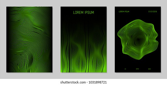 Cover Design Templates Set with Wavy Lines in Modern Style. Gradient Texture with Curves Stripes and Text. Trendy Covers for Brochure, Magazine, Presentation, Musical Posters. Abstract Backgrounds.