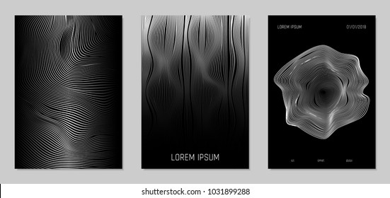 Cover Design Templates Set with Wavy Lines in Modern Style. Gradient Texture with Curves Stripes and Text. Trendy Covers for Brochure, Magazine, Presentation, Musical Posters. Abstract Backgrounds.