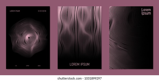 Cover Design Templates Set with Wavy Lines in Modern Style. Gradient Texture with Curves Stripes and Text. Trendy Covers for Brochure, Magazine, Presentation, Musical Posters. Abstract Backgrounds.