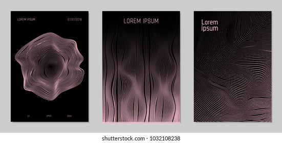 Cover Design Templates Set with Wavy Lines in Modern Style. Gradient Texture with Curves Stripes and Text. Trendy Covers for Brochure, Magazine, Presentation, Musical Posters. Abstract Backgrounds.