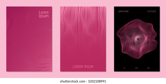 Cover Design Templates Set with Wavy Lines in Modern Style. Gradient Texture with Curves Stripes and Text. Trendy Covers for Brochure, Magazine, Presentation, Musical Posters. Abstract Backgrounds.