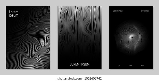 Cover Design Templates Set with Wavy Lines in Modern Style. Gradient Texture with Curves Stripes and Text. Trendy Covers for Brochure, Magazine, Presentation, Musical Posters. Abstract Backgrounds.