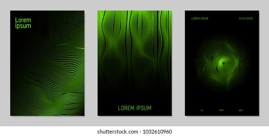 Cover Design Templates Set with Wavy Lines in Modern Style. Gradient Texture with Curves Stripes and Text. Trendy Covers for Brochure, Magazine, Presentation, Musical Posters. Abstract Backgrounds.