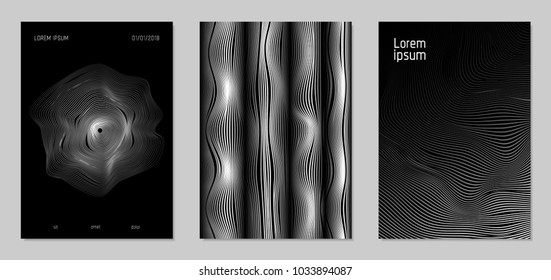 Cover Design Templates Set with Wavy Lines in Modern Style. Gradient Texture with Curves Stripes and Text. Trendy Covers for Brochure, Magazine, Presentation, Musical Posters. Abstract Backgrounds.