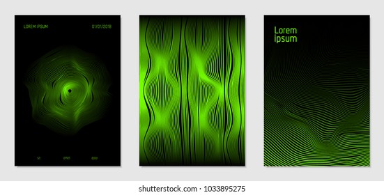 Cover Design Templates Set with Wavy Lines in Modern Style. Gradient Texture with Curves Stripes and Text. Trendy Covers for Brochure, Magazine, Presentation, Musical Posters. Abstract Backgrounds.