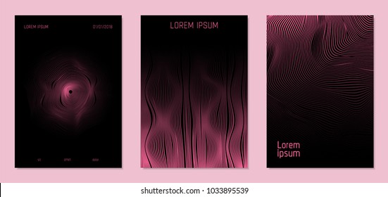 Cover Design Templates Set with Wavy Lines in Modern Style. Gradient Texture with Curves Stripes and Text. Trendy Covers for Brochure, Magazine, Presentation, Musical Posters. Abstract Backgrounds.