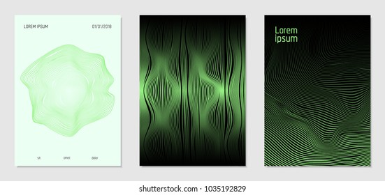 Cover Design Templates Set with Wavy Lines in Modern Style. Gradient Texture with Curves Stripes and Text. Trendy Covers for Brochure, Magazine, Presentation, Musical Posters. Abstract Backgrounds.