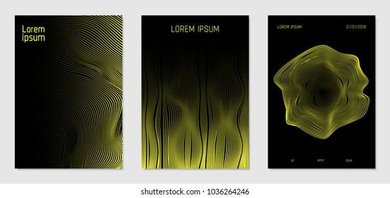 Cover Design Templates Set with Wavy Lines in Modern Style. Gradient Texture with Curves Stripes and Text. Trendy Covers for Brochure, Magazine, Presentation, Musical Posters. Abstract Backgrounds.