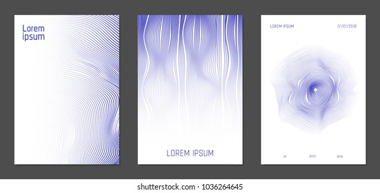 Cover Design Templates Set with Wavy Lines in Modern Style. Gradient Texture with Curves Stripes and Text. Trendy Covers for Brochure, Magazine, Presentation, Musical Posters. Abstract Backgrounds.