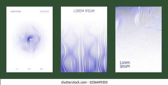 Cover Design Templates Set with Wavy Lines in Modern Style. Gradient Texture with Curves Stripes and Text. Trendy Covers for Brochure, Magazine, Presentation, Musical Posters. Abstract Backgrounds.