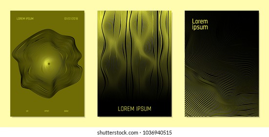 Cover Design Templates Set with Wavy Lines in Modern Style. Gradient Texture with Curves Stripes and Text. Trendy Covers for Brochure, Magazine, Presentation, Musical Posters. Abstract Backgrounds.