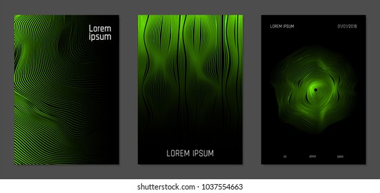 Cover Design Templates Set with Wavy Lines in Modern Style. Gradient Texture with Curves Stripes and Text. Trendy Covers for Brochure, Magazine, Presentation, Musical Posters. Abstract Backgrounds.