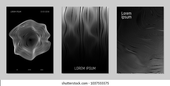 Cover Design Templates Set with Wavy Lines in Modern Style. Gradient Texture with Curves Stripes and Text. Trendy Covers for Brochure, Magazine, Presentation, Musical Posters. Abstract Backgrounds.
