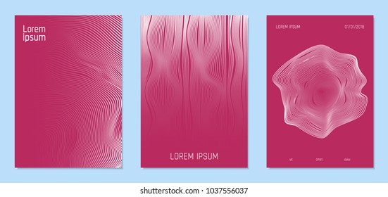 Cover Design Templates Set with Wavy Lines in Modern Style. Gradient Texture with Curves Stripes and Text. Trendy Covers for Brochure, Magazine, Presentation, Musical Posters. Abstract Backgrounds.