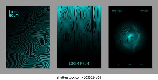 Cover Design Templates Set with Wavy Lines in Modern Style. Gradient Texture with Curves Stripes and Text. Trendy Covers for Brochure, Magazine, Presentation, Musical Posters. Abstract Backgrounds.