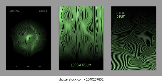 Cover Design Templates Set with Wavy Lines in Modern Style. Gradient Texture with Curves Stripes and Text. Trendy Covers for Brochure, Magazine, Presentation, Musical Posters. Abstract Backgrounds.