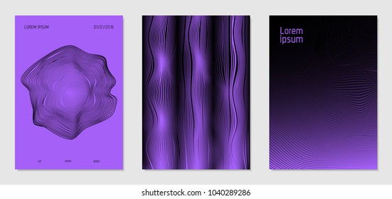 Cover Design Templates Set with Wavy Lines in Modern Style. Gradient Texture with Curves Stripes and Text. Trendy Covers for Brochure, Magazine, Presentation, Musical Posters. Abstract Backgrounds.