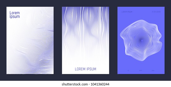 Cover Design Templates Set with Wavy Lines in Modern Style. Gradient Texture with Curves Stripes and Text. Trendy Covers for Brochure, Magazine, Presentation, Musical Posters. Abstract Backgrounds.