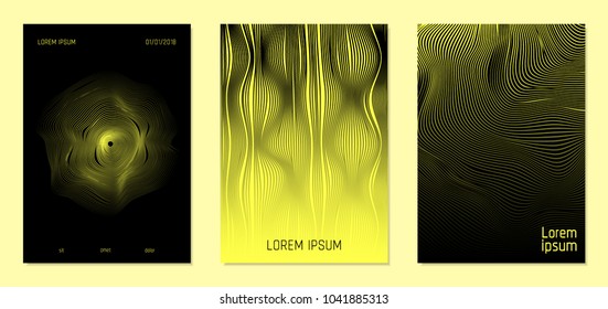 Cover Design Templates Set with Wavy Lines in Modern Style. Gradient Texture with Curves Stripes and Text. Trendy Covers for Brochure, Magazine, Presentation, Musical Posters. Abstract Backgrounds.
