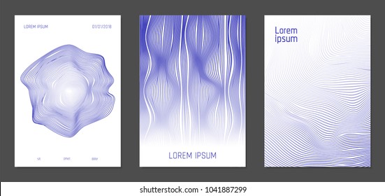Cover Design Templates Set with Wavy Lines in Modern Style. Gradient Texture with Curves Stripes and Text. Trendy Covers for Brochure, Magazine, Presentation, Musical Posters. Abstract Backgrounds.