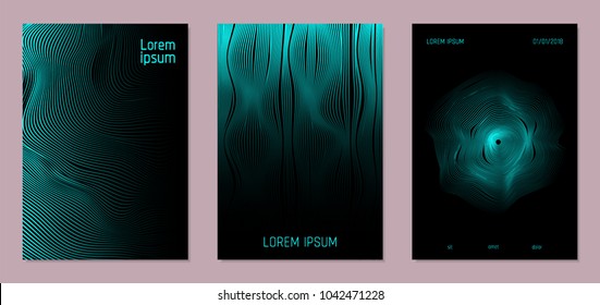 Cover Design Templates Set with Wavy Lines in Modern Style. Gradient Texture with Curves Stripes and Text. Trendy Covers for Brochure, Magazine, Presentation, Musical Posters. Abstract Backgrounds.