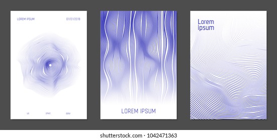 Cover Design Templates Set with Wavy Lines in Modern Style. Gradient Texture with Curves Stripes and Text. Trendy Covers for Brochure, Magazine, Presentation, Musical Posters. Abstract Backgrounds.