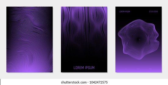Cover Design Templates Set with Wavy Lines in Modern Style. Gradient Texture with Curves Stripes and Text. Trendy Covers for Brochure, Magazine, Presentation, Musical Posters. Abstract Backgrounds.