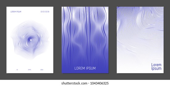 Cover Design Templates Set with Wavy Lines in Modern Style. Gradient Texture with Curves Stripes and Text. Trendy Covers for Brochure, Magazine, Presentation, Musical Posters. Abstract Backgrounds.
