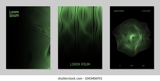 Cover Design Templates Set with Wavy Lines in Modern Style. Gradient Texture with Curves Stripes and Text. Trendy Covers for Brochure, Magazine, Presentation, Musical Posters. Abstract Backgrounds.