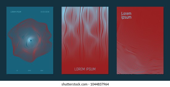 Cover Design Templates Set with Wavy Lines in Modern Style. Gradient Texture with Curves Stripes and Text. Trendy Covers for Brochure, Magazine, Presentation, Musical Posters. Abstract Backgrounds.