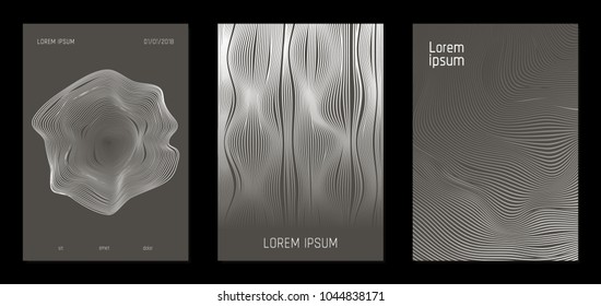 Cover Design Templates Set with Wavy Lines in Modern Style. Gradient Texture with Curves Stripes and Text. Trendy Covers for Brochure, Magazine, Presentation, Musical Posters. Abstract Backgrounds.