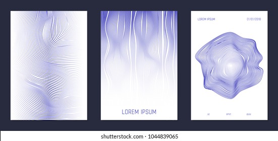 Cover Design Templates Set with Wavy Lines in Modern Style. Gradient Texture with Curves Stripes and Text. Trendy Covers for Brochure, Magazine, Presentation, Musical Posters. Abstract Backgrounds.