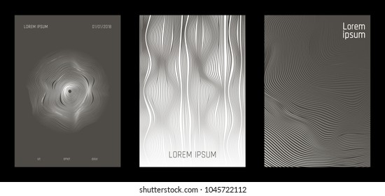 Cover Design Templates Set with Wavy Lines in Modern Style. Gradient Texture with Curves Stripes and Text. Trendy Covers for Brochure, Magazine, Presentation, Musical Posters. Abstract Backgrounds.