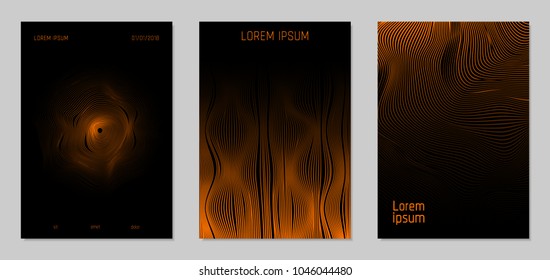 Cover Design Templates Set with Wavy Lines in Modern Style. Gradient Texture with Curves Stripes and Text. Trendy Covers for Brochure, Magazine, Presentation, Musical Posters. Abstract Backgrounds.
