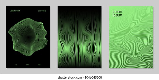 Cover Design Templates Set with Wavy Lines in Modern Style. Gradient Texture with Curves Stripes and Text. Trendy Covers for Brochure, Magazine, Presentation, Musical Posters. Abstract Backgrounds.
