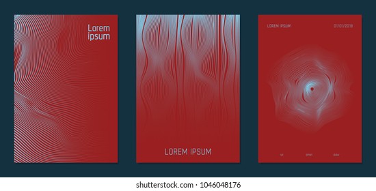 Cover Design Templates Set with Wavy Lines in Modern Style. Gradient Texture with Curves Stripes and Text. Trendy Covers for Brochure, Magazine, Presentation, Musical Posters. Abstract Backgrounds.