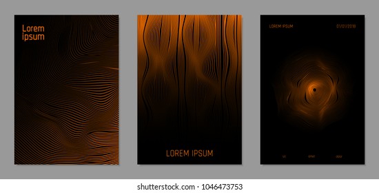 Cover Design Templates Set with Wavy Lines in Modern Style. Gradient Texture with Curves Stripes and Text. Trendy Covers for Brochure, Magazine, Presentation, Musical Posters. Abstract Backgrounds.
