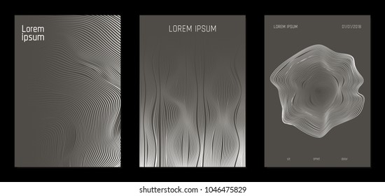 Cover Design Templates Set with Wavy Lines in Modern Style. Gradient Texture with Curves Stripes and Text. Trendy Covers for Brochure, Magazine, Presentation, Musical Posters. Abstract Backgrounds.